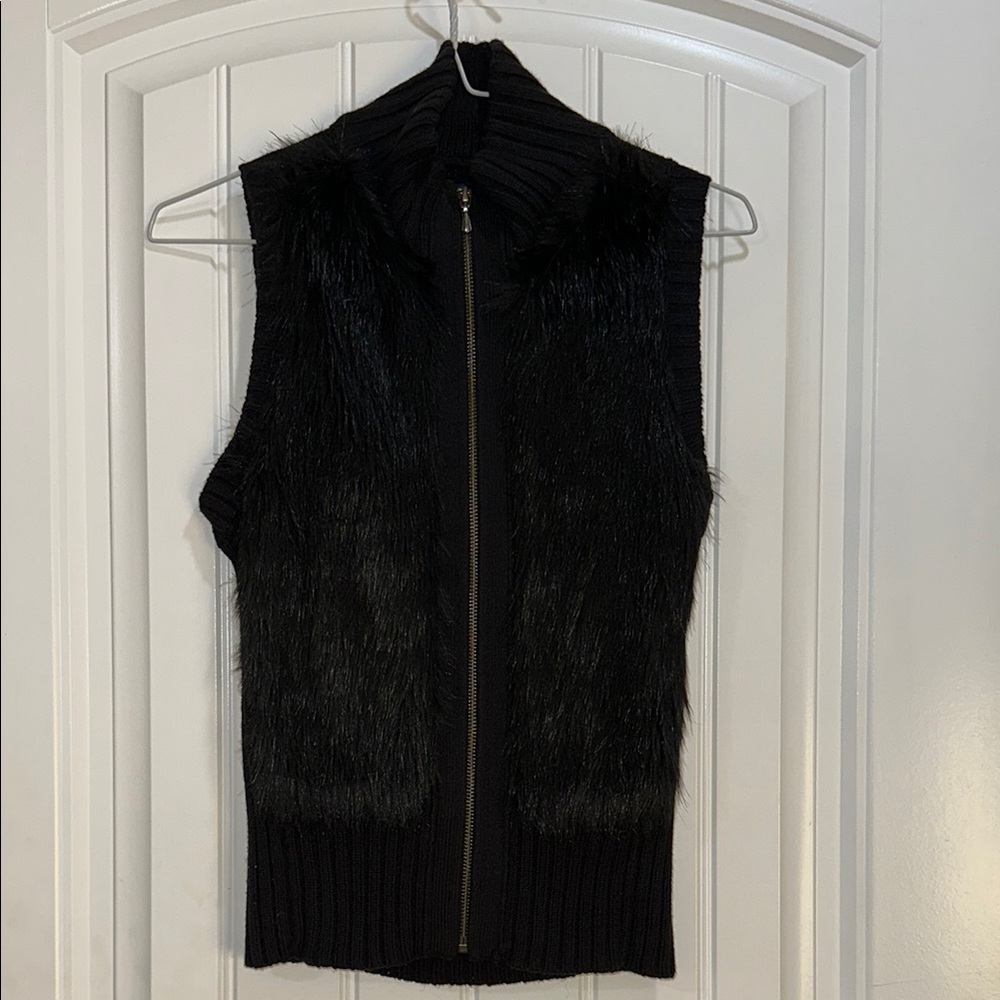 Guess black faux fur Sleeveless Zip-Up Vest
